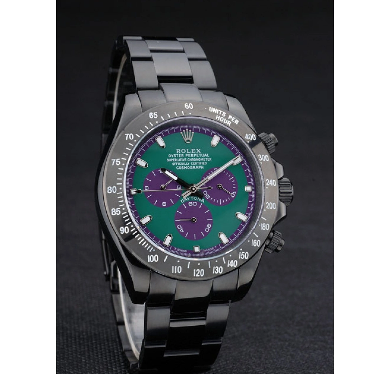 Aaa replica Plated Steel Daytona Stainless 80246 Black Rolex Ion Black Tachymeter Green Strap Dial 0710